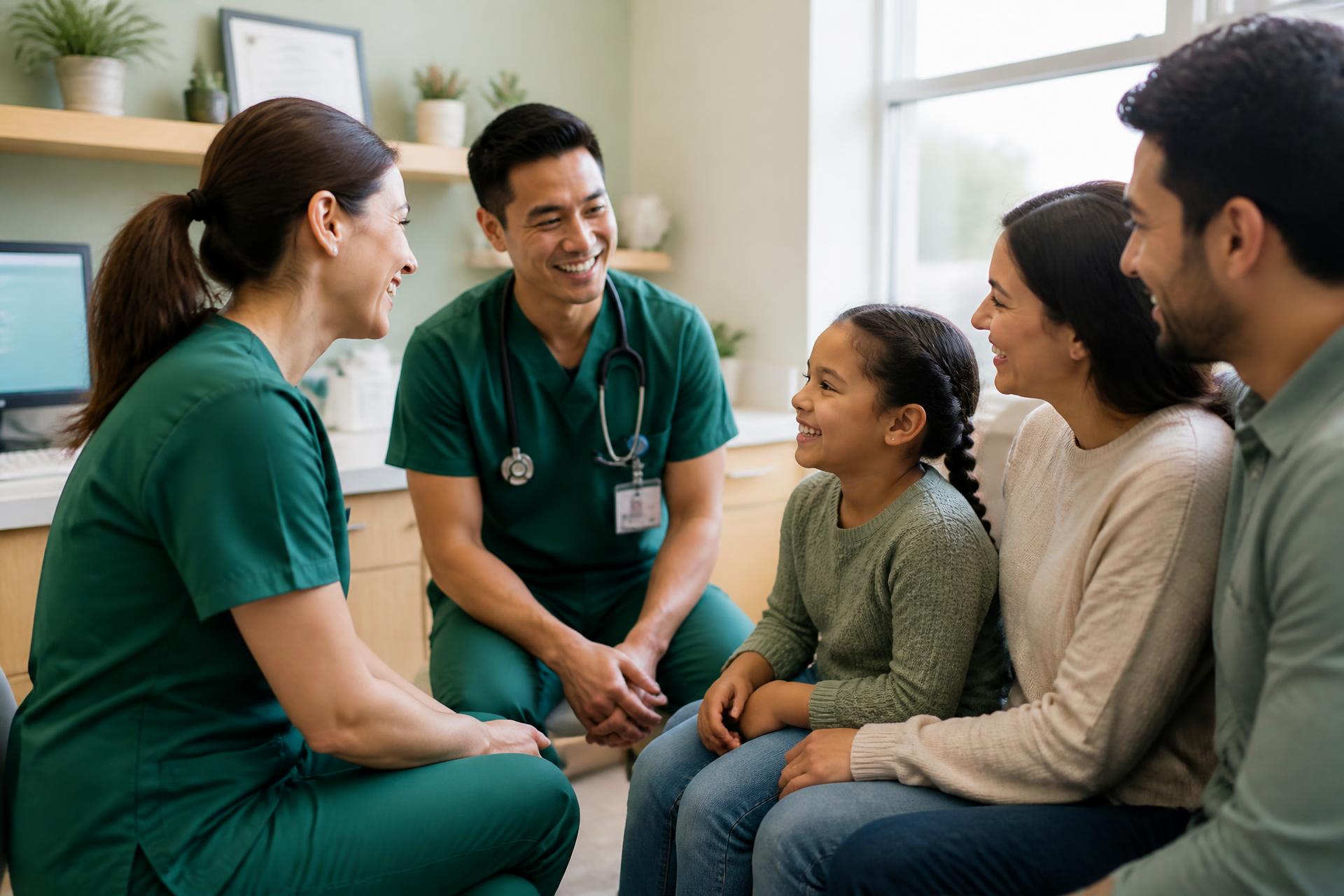 Compassionate healthcare team welcoming a family in a bright clinic